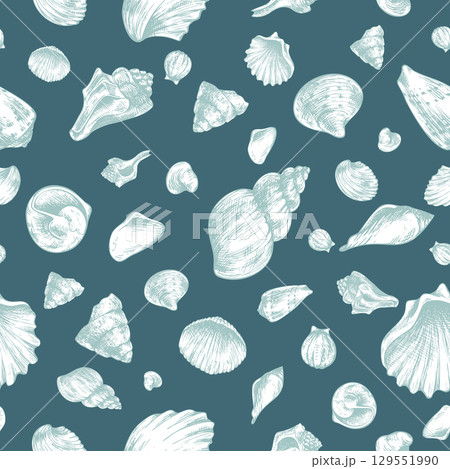 Assorted seashells scattered on deep blue background in seamless arrangement, hand drawn line art illustration in black ink, perfect for marine inspired textiles, wallpapers and packaging. 129551990
