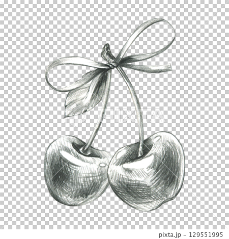 Cherries with decorative bow tied on stem in monochrome pencil style, hand drawn line art illustration in grey graphite, perfect for festive food decor, labels, packaging and kitchen design. 129551995