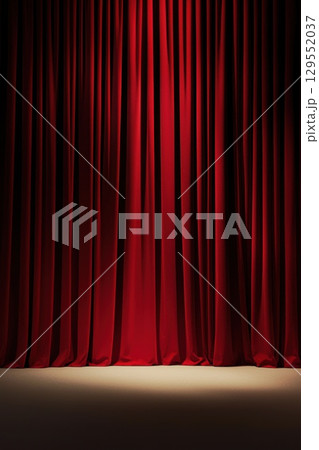 Stage spotlights casting dramatic light across closed red velvet curtains, generating palpable theatrical anticipation before curtain rise 129552037