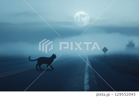 Black cat silhouetted against misty moonlit road, casting haunting shadow beneath full lunar glow, embodying mysterious nocturnal ambiance with supernatural undertones 129552043