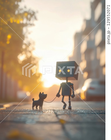 Humanoid robot walking black puppy through urban street during golden hour, highlighting technological companionship and unexpected emotional connection 129552071
