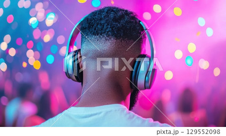 Dj wearing headphones mixing electronic music, spinning vinyl amid colorful bokeh lights and cascading confetti during high energy nightclub performance Dj wearing headphones mixing electronic music, spinning vinyl amid colorful bokeh lights and cascading confetti during high energy nightclub performance 129552098