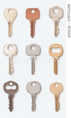 Nine metal keys of various colors, shapes, and textures are neatly arranged on a pristine white backdrop, creating a visually appealing pattern 129552168