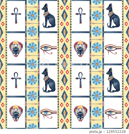 Egyptian seamless pattern with Bastet, Scarab beetle, eye of Horus, Ankh cross. Ancient vertical ornament, sacred lotus, symbols of Egypt. Watercolor illustration isolated from background. Clip art 129552226