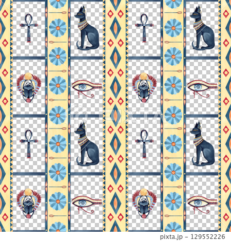Egyptian seamless pattern with Bastet, Scarab beetle, eye of Horus, Ankh cross. Ancient vertical ornament, sacred lotus, symbols of Egypt. Watercolor illustration isolated from background. Clip art 129552226