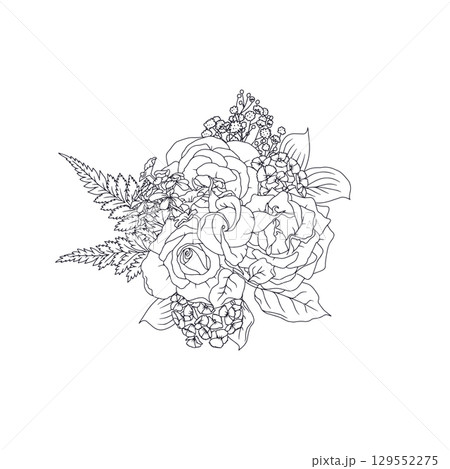 Hand drawn black and white line art rose flowers bouquet isolated on white background Hand drawn black and white line art rose flowers bouquet isolated on white background 129552275