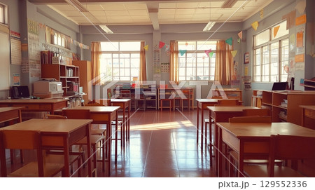 Interior of an empty school classroom with tables, chairs and school supplies, back to school concept. 129552336