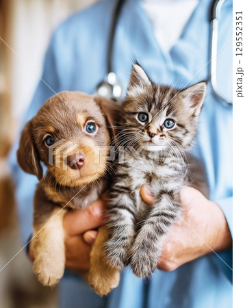 A veterinarian holds a puppy and a kitten in his arms. In a veterinary clinic. The concept of advertising veterinary services and pet care. 129552351