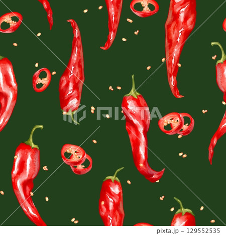 Hand-drawn seamless pattern with red chili peppers and scattered seeds on a dark green background. Perfect for spicy food packaging, kitchen decor, or fabric. Hand-drawn seamless pattern with red chili peppers and scattered seeds on a dark green background. Perfect for spicy food packaging, kitchen decor, or fabric. 129552535