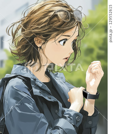 美優シリーズ：AI健康管理アプリを見て真剣な表情の女性 129552615