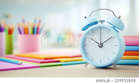 Back to school concept. Colorful pencils and alarm clock on table in classroom. Back to school concept. Colorful pencils and alarm clock on table in classroom. 129552628