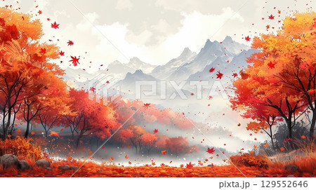 紅葉の山岳風景と舞い散る落ち葉のイラスト 129552646