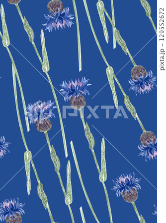 Knapweed on long green stems seamless watercolor pattern on blue background. Hand-painted blue wildflowers in diagonal layout. Ideal for textiles, packaging, wallpaper, rustic-themed designs 129552672