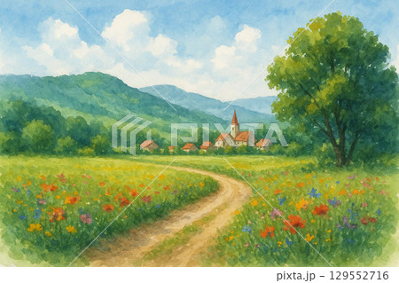 花咲く田舎道と小さな村の風景 129552716