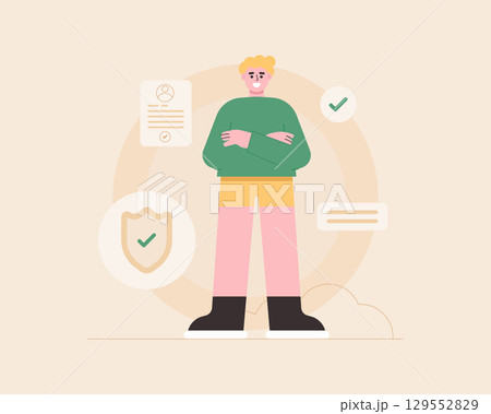 Flat cartoon man character with insurance icon. Health insurance concept. Flat vector style. 129552829