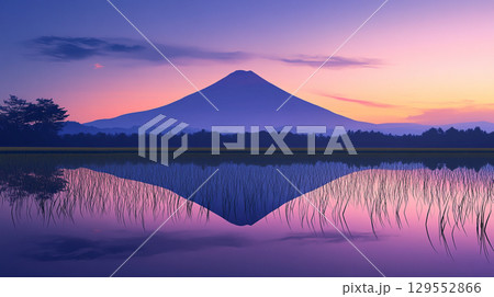 湖に映る夕暮れの美しい山の景色 129552866