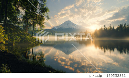湖面に映る山と朝日、美しい風景 129552881