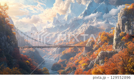 紅葉の山岳地帯に架かる吊り橋 129552896