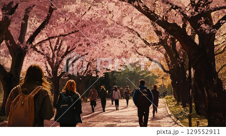 桜並木を歩く人々が描かれた風景画 129552911