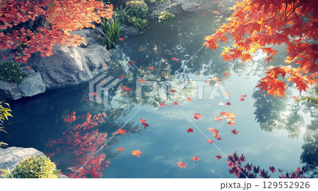 秋の紅葉が池に浮かぶ静かな風景 129552926