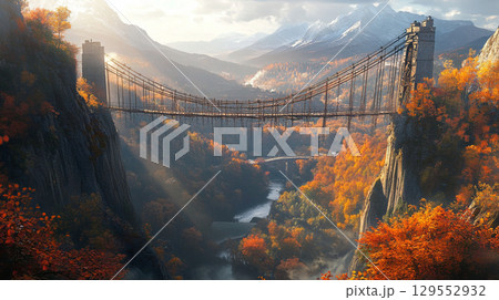 秋の山間に架かる吊り橋と紅葉 秋の山間に架かる吊り橋と紅葉 129552932