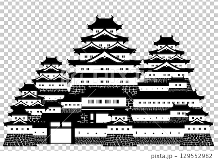 Japanese castle: Black and white silhouette of castle walls with towers and turrets 129552982