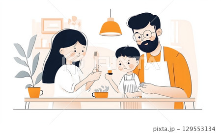 A warm and cozy scene of a family bonding over a shared mealtime in their home kitchen with a parent and child preparing food together 129553134