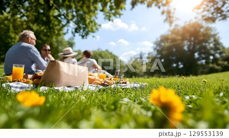 A group of people relaxing and spending time together during a picturesque picnic in a lush natural environment surrounded by trees grass and blooming flowers 129553139