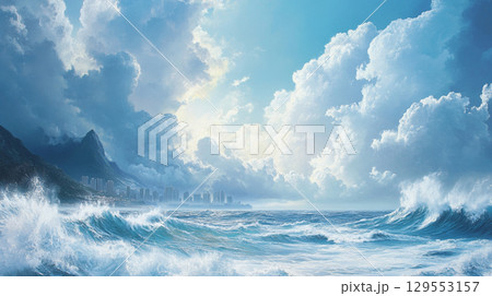 青い空と波の立つ海、遠くの街のイラスト素材 [129553157] - PIXTA