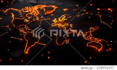 Vibrant glowing digital map of the world illuminating the global network of countries borders and transportation links that facilitate international commerce travel and communication 129553257