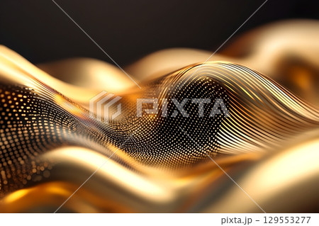 Captivating abstract digital landscape with undulating luminous waves of golden metallic particles in a smooth flowing motion 129553277
