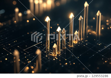 Futuristic abstract image featuring a dynamic arrangement of glowing arrow shaped elements against a dark background suggesting technological progress and innovation Futuristic abstract image featuring a dynamic arrangement of glowing arrow shaped elements against a dark background suggesting technological progress and innovation 129553286