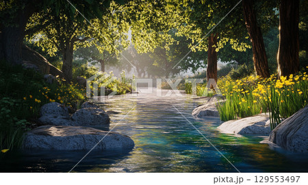 木漏れ日が差し込む川辺の風景 129553497