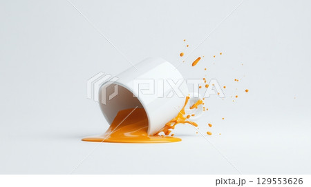 A white ceramic cup spilling vibrant orange liquid, creating a dynamic splash and droplets scattering across a clean white background 129553626