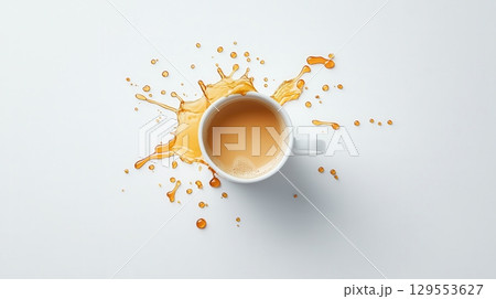Top View of Coffee Splashing from a White Cup on a Clean White Background 129553627