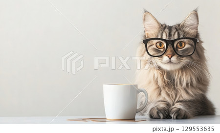 Fluffy Cat with Black-Framed Glasses Sitting Beside a White Coffee Mug on a Table 129553635