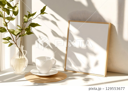 Peaceful and serene morning interior with a sunlit window a vase of fresh flowers and a delicate teacup and saucer set against a simple minimalist frame 129553677