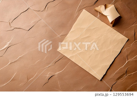 Crumpled and wrinkled brown kraft paper background with an empty note or card placed on the surface Crumpled and wrinkled brown kraft paper background with an empty note or card placed on the surface 129553694