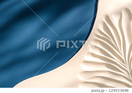 Elegant and fluid abstract art design with bold three dimensional paper like elements against a tonal blue and beige background 129553696