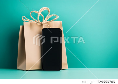 A minimalist gift box wrapped in kraft paper and tied with a decorative ribbon paired with a black mobile phone against a vibrant teal background A minimalist gift box wrapped in kraft paper and tied with a decorative ribbon paired with a black mobile phone against a vibrant teal background 129553703