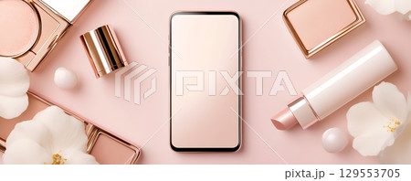 A visually appealing flat lay composition featuring a variety of cosmetic items including makeup skincare and a smartphone all set against a soft pink background 129553705