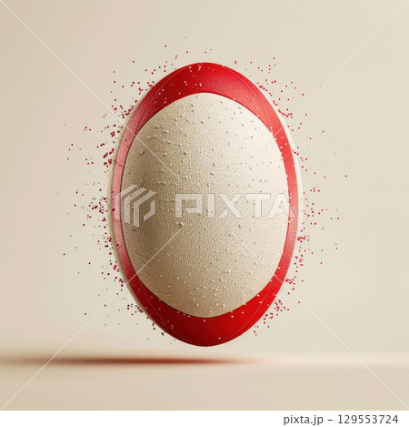 White egg with red stripe, surrounded by small red dots, isolated on light background. White egg with red stripe, surrounded by small red dots, isolated on light background. 129553724