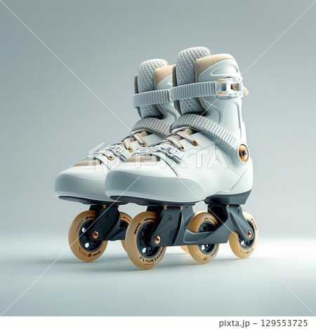 White inline skates with gold accents on a gray background. White inline skates with gold accents on a gray background. 129553725