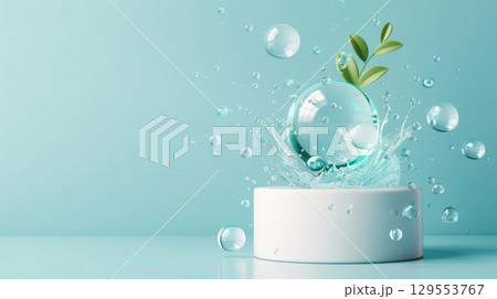 3D podium with underwater theme, blue tones, bubbles, isolated 129553767