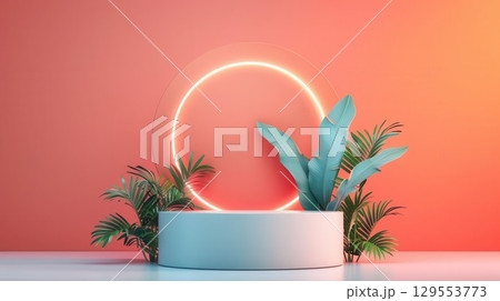 Neon 3D podium, bright colors, digital art, isolated 129553773