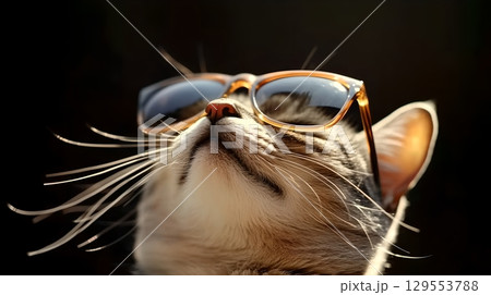 Close up portrait of a domestic cat wearing a pair of stylish glasses looking curious and playful against a dark background 129553788