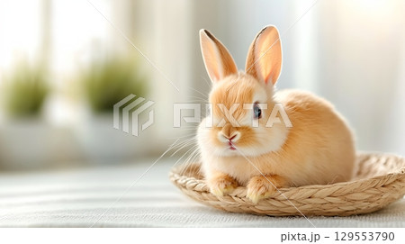 Closeup of a fluffy brown rabbit sitting calmly in a wicker basket with a peaceful natural background 129553790
