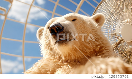Closeup portrait of a majestic polar bear with soft thick fur and an endearing facial expression against a backdrop of icy blue sky 129553791