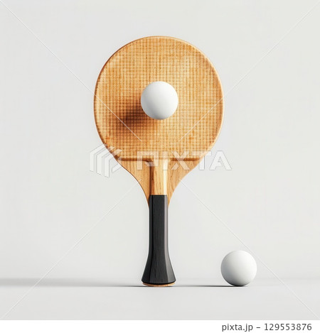 A wooden ping pong paddle stands upright with a ball resting on the surface and another ball beside it. A wooden ping pong paddle stands upright with a ball resting on the surface and another ball beside it. 129553876