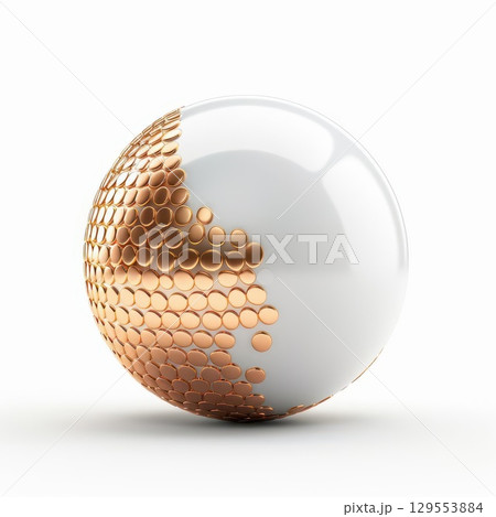 Abstract sphere with half white and half textured gold surface. 129553884
